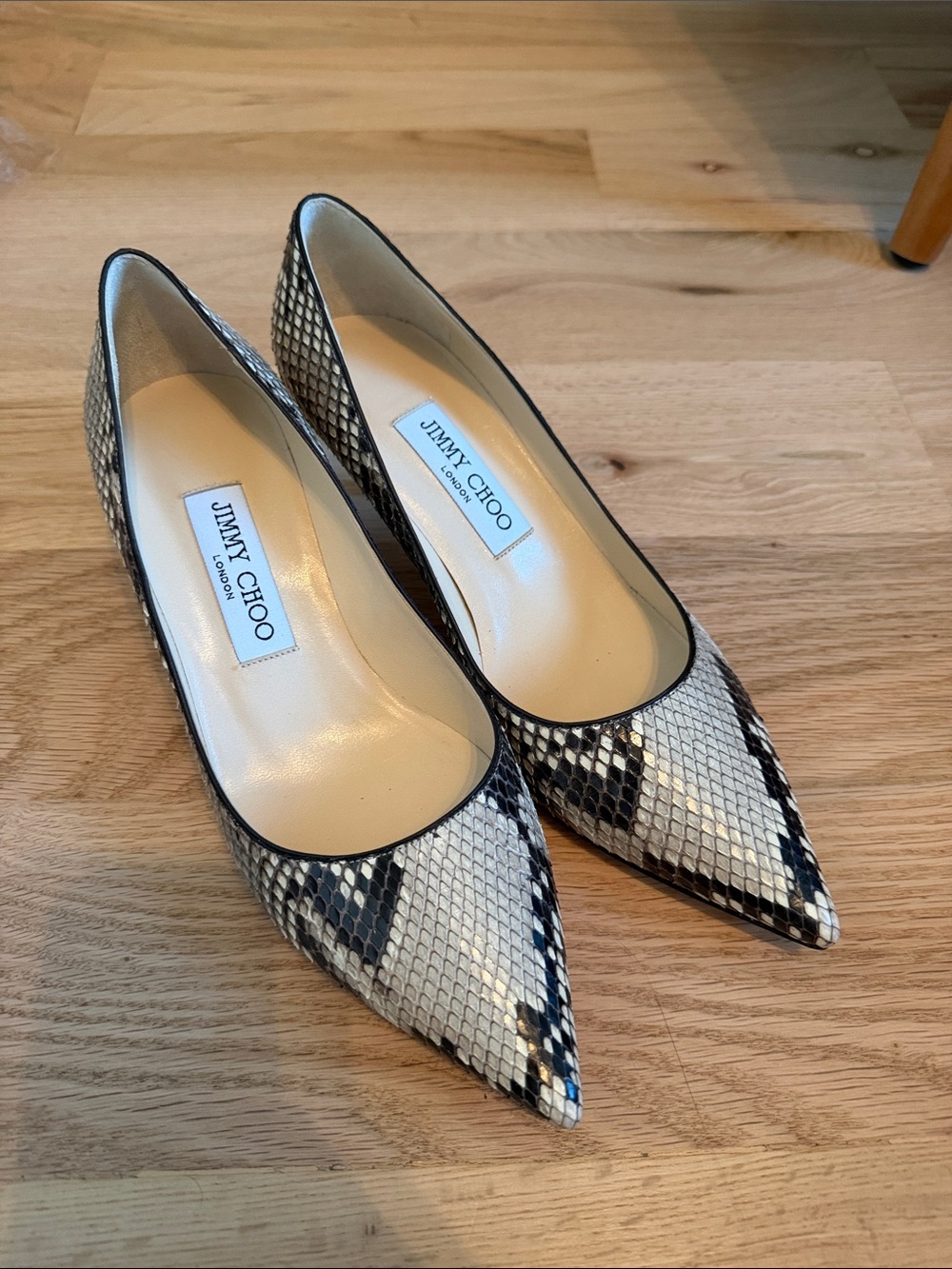 Jimmy Choo Black & White Snake-Print Pointed Pumps